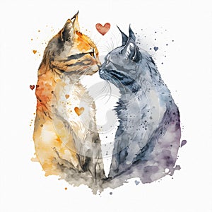 Two cats kissing, in the shape of a heart, Valentines Day and all lovers. Watercolor illustration