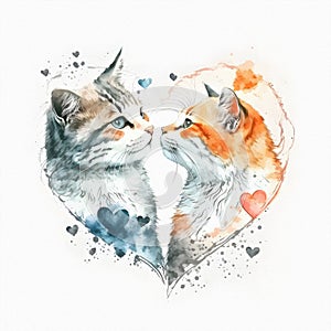 Two cats kissing, in the shape of a heart, Valentines Day and all lovers. Watercolor illustration