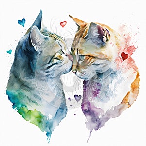 Two cats kissing, in the shape of a heart, Valentines Day and all lovers. Watercolor illustration