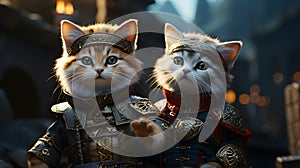 Two cats in knightly armor on the background of the ancient city Ai generated