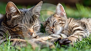 Two cats laying in the grass together with one sleeping, AI