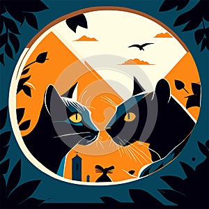 Two cats looking at each other in a round frame, vector illustration Generative AI