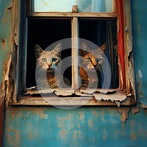 Two cats looking out of the window of an old abandoned house.