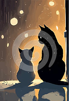 Two cats looking out the window. Vector art of two kitten. Cute adorable animals. Cartoon drawing
