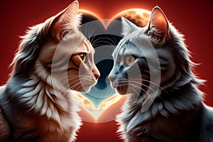 two cats love each other, sit by the moon in the evening, art