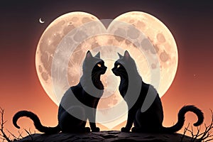 two cats love each other, sit by the moon in the evening, art