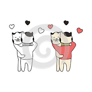 Two cats in love hug doodle icon. Cute pets vector art