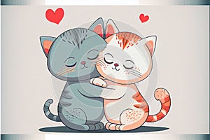 Two cats in love hugging, Valentine's Day card. AI generated.