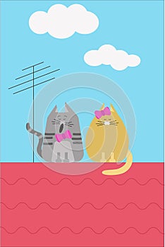 Two cats in love on the roof. Flat cartoon vector illustration. Love 2..Two cats in love on the roof. Flat cartoon vector