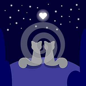 Two cats in love are sitting on a hill in the moonlight in the shape of a heart, vector illustration, romance under the