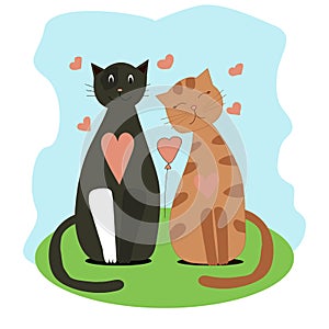 Two cats in love. Valentine\'s day greeting card. Stock vector illustration.