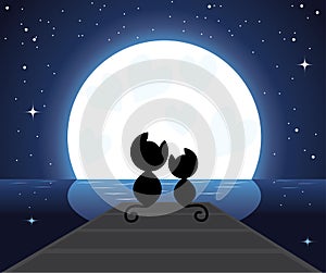 Two cats in love watching on the moon