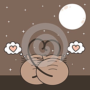 Two cats in love watching the moon. cute romanitc cartoon vector illustration