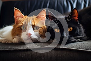 Two cats lying on sofa at home. Close up. Selective focus, A cute red cat and a black cat lie on a sofa in a close-up shot, AI