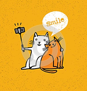 Two Cats Making Photo Using Selfie Stick. Funny Animal Illustration On Distressed Background