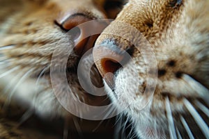 Two cats next to each other gently touch their noses