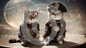two cats in the night _A steampunk cat pirate in space with a background of the globe. The cat is wearing a silk shirt,