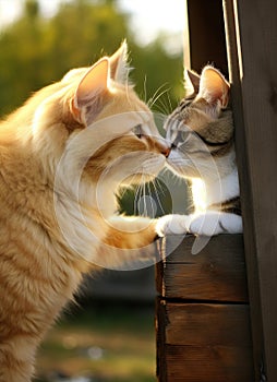 Two cats are nuzzling each other on a wooden fence