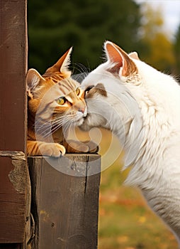 Two cats are nuzzling each other on a wooden fence