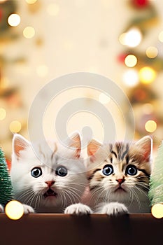 A two cats peeking out from behind a wooden board. Cute kittens with a defocused Christmas background, cozy atmosphere