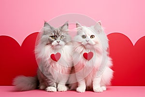 Two cats with red Valentine heart in front of red and pink studio background