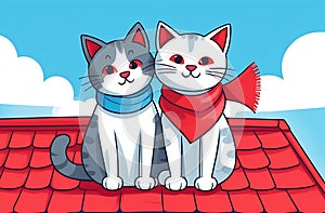 Two cats with a scarf on the neck are sitting on the roof at daytime