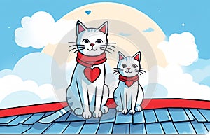 Two cats with a scarf on the neck are sitting on the roof at daytime