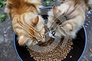 two cats sharing a large bowl of kibble