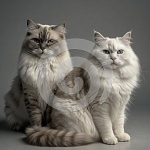Two cats of siberian breed in studio on a gray background