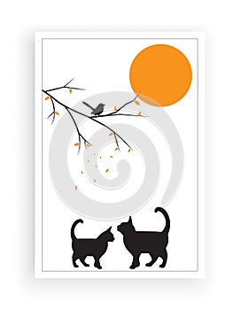 Two cats silhouettes and bird on branch in sunset, vector. Minimalist poster design isolated on white background.