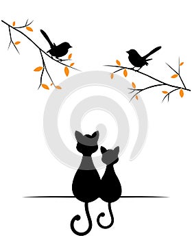 Two cats silhouettes and birds  branch in autumn, vector. Minimalist poster design isolated on white background. Cats illustration