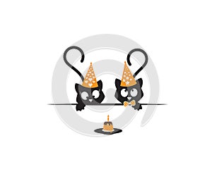 Two cats silhouettes celebrating birthday with birthday cake, funny illustration, vector, cartoon, children wall decals, kids wall