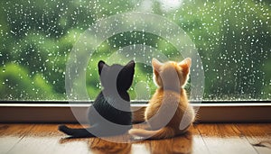 Two cats sit facing one another with a warm and sunny window sill behind them, creating a heartwarming scene