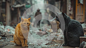 two cats sit in the middle of an alleyway, facing each other