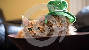 Two cats are sitting in a bowl with green hats on, AI