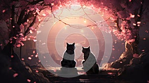 Two cats sitting on a ledge looking up at the sky, AI
