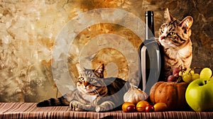 Two cats are sitting next to a bottle of wine and some fruit, AI