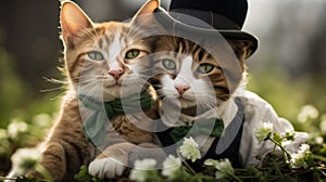 Two cats are sitting next to each other in the grass, AI