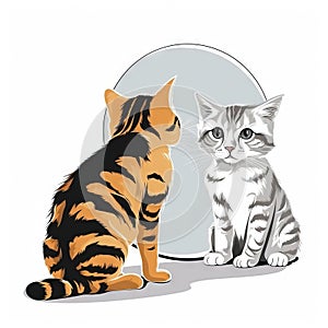 two cats sitting next to each other looking at each other with a white and black background behind them and a gray and orange cat