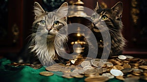 Two cats sitting next to a pile of gold coins, AI