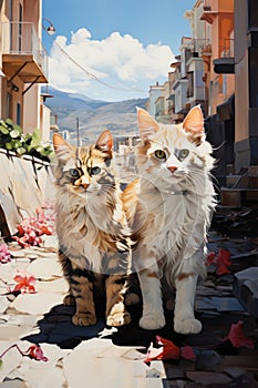 Two cats sitting on a street, AI