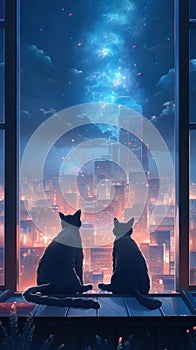 Two cats sitting on a window sill looking out at a city at night. Generative AI image.