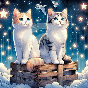 Two cats are sitting on a wooden crate with a plane flying in the sky and stars.