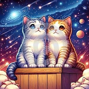 Two cats sitting on a wooden platform with a starry sky and planets in the background.