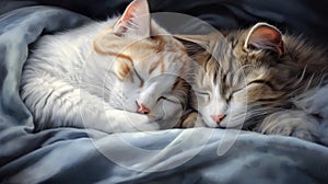 Two cats sleeping together on a blanket, AI