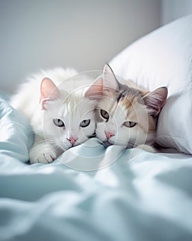 Two cats snuggling in a bed, surrounded by comfortable sheets and pillows. AI-generated.