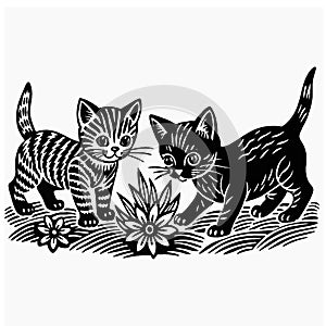 two cats are standing in the grass in this woodcut