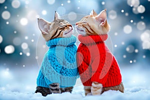 Two cats in sweaters in the snow