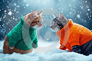 Two cats in sweaters in the snow