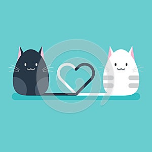 Two cats tied tails together into heart shape Valentine`s day concept